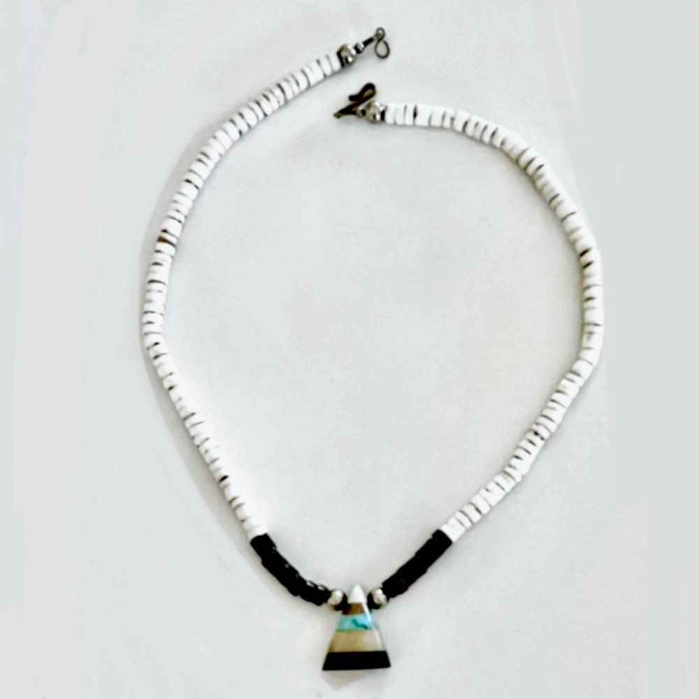Santo Domingo, Vintage Heishi 18” Necklace MoP Brass Turquoise Agate Jet Pendant